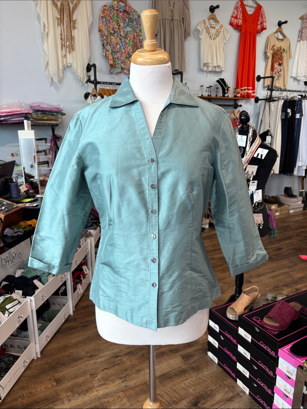 Charter Club Light Sage Silk Button-Front Shirt